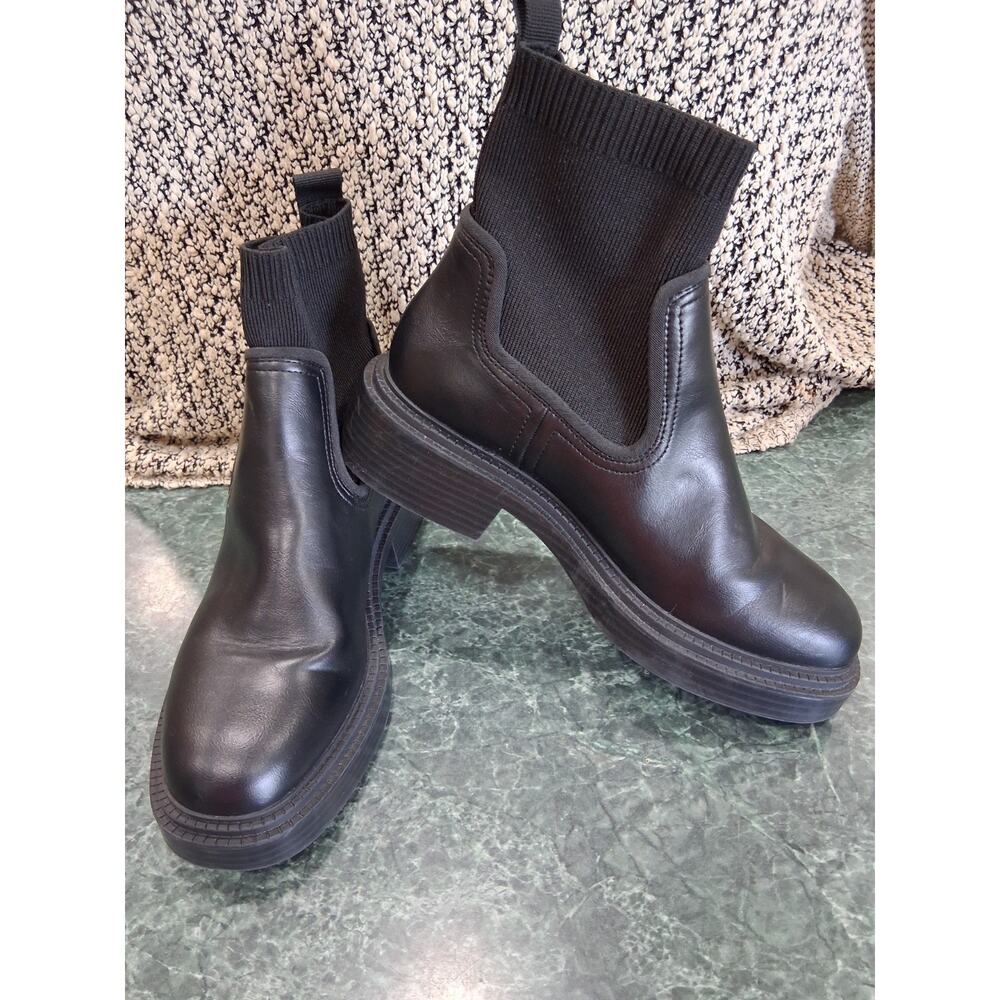 Zara Womens Ankle Boots Black Chunky Block Heel Ribbed Knit Sock Boot EU 39 US 8